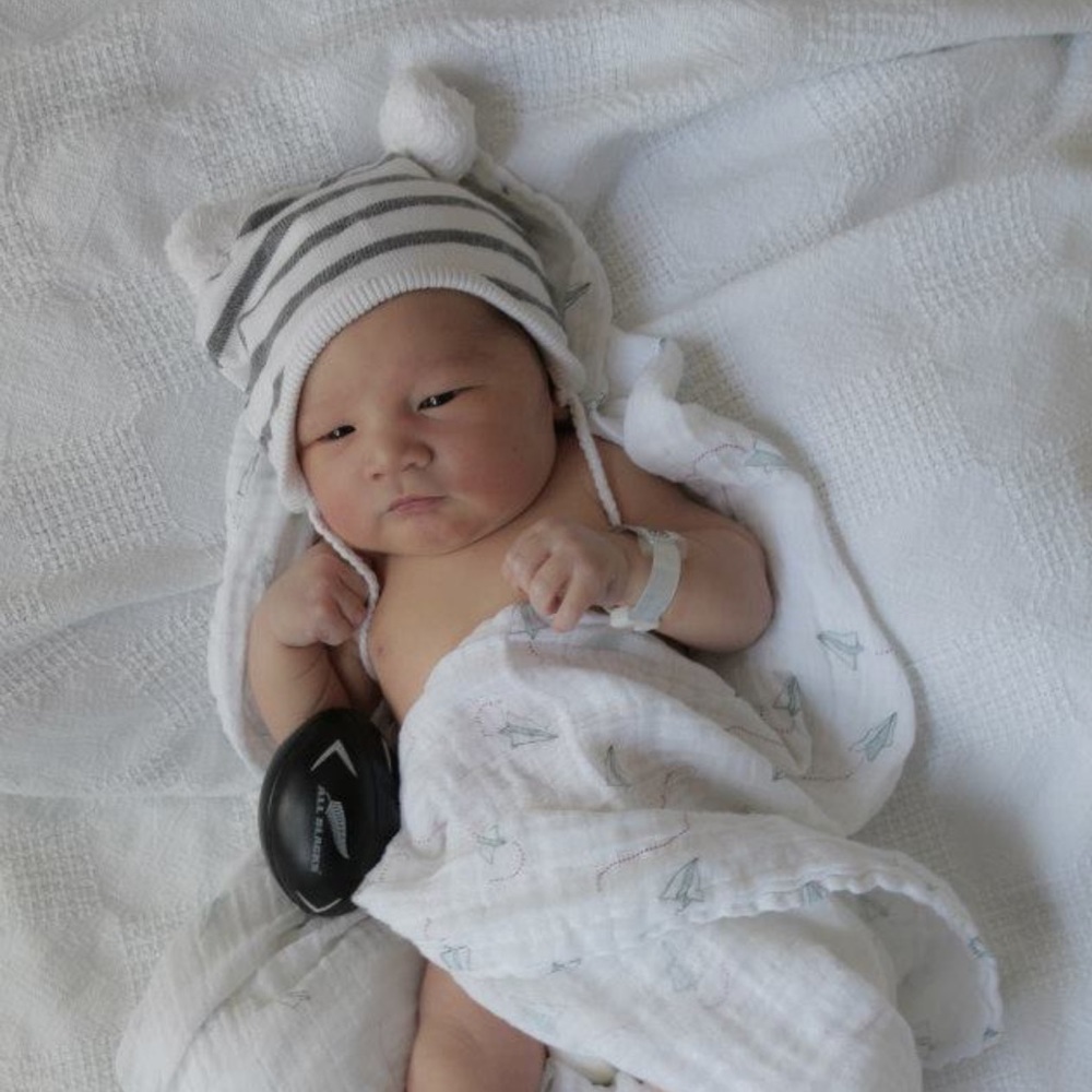 Egg by Susan Lazar Grey striped Pom Pom hat {3-6m}